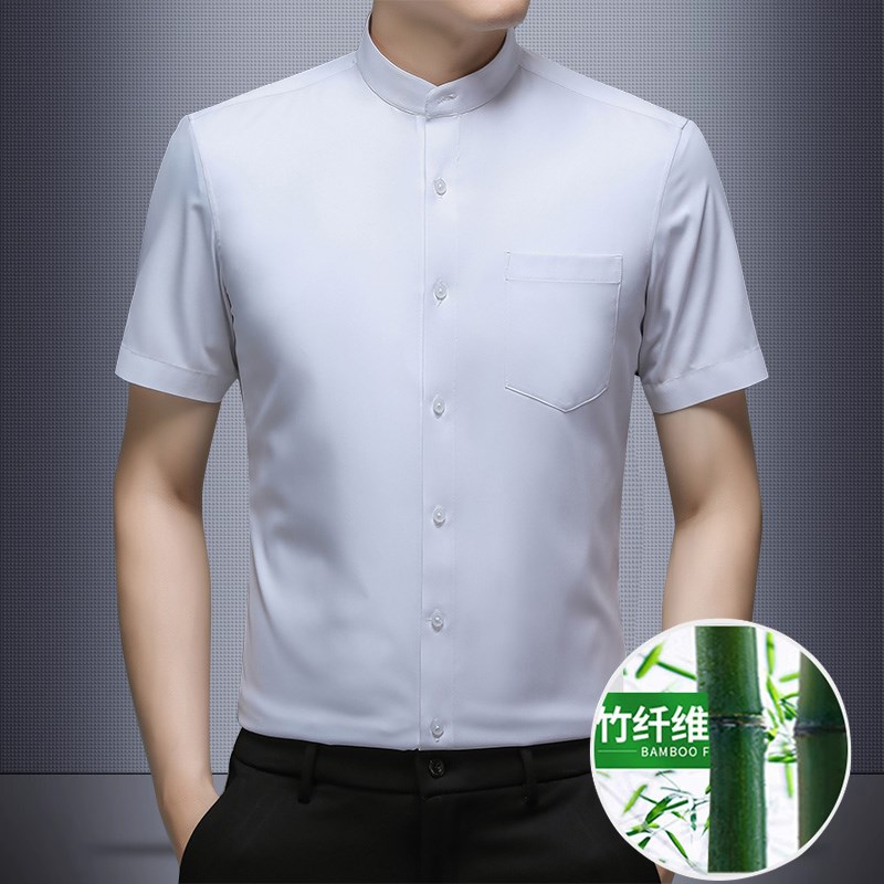 冰丝男士衬衫夏季短袖薄款有口袋商务正装小立领S中式圆领无领衬