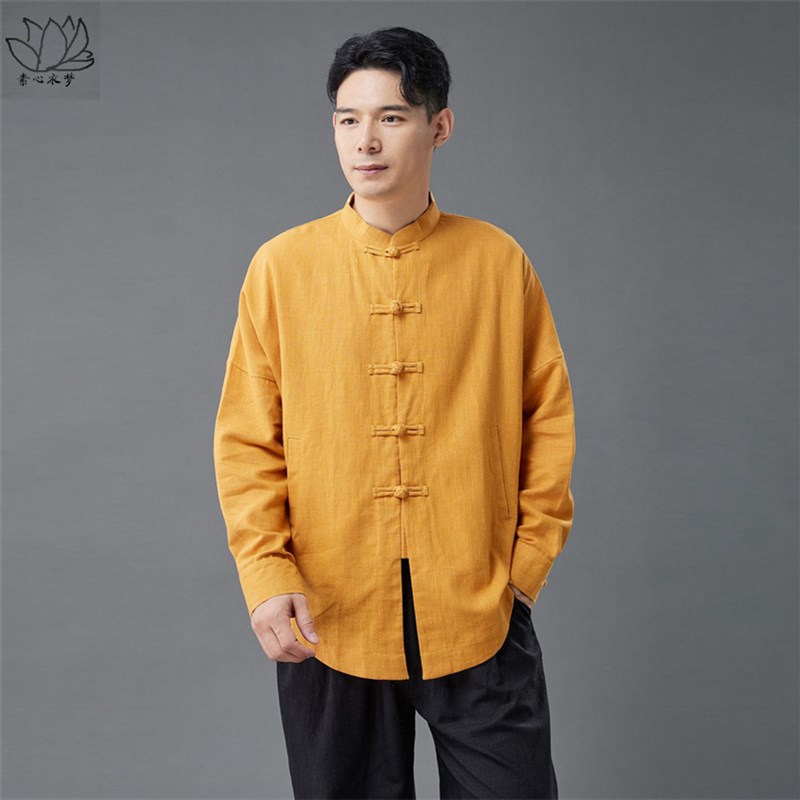 秋季新款设计感立领盘扣外套新中式国风中长款棉S麻布衬衫开衫男