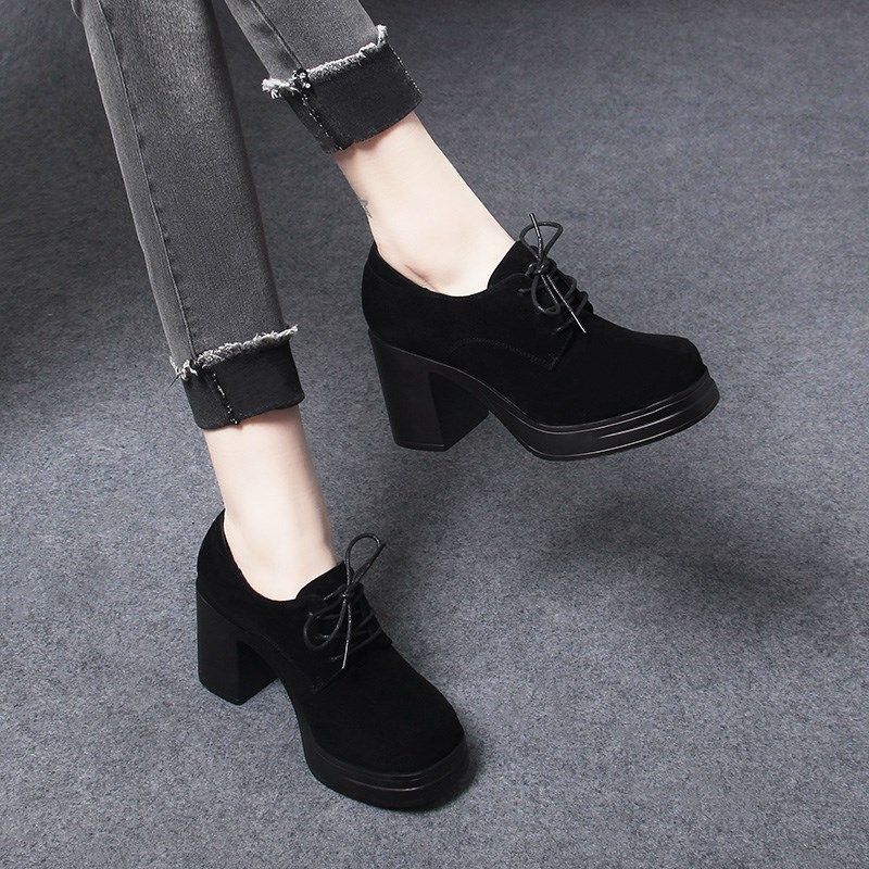 2025春季新款粗跟高跟鞋女防水台不累脚绒面厚底单鞋羊皮春秋女鞋,女鞋,深口单鞋,淘宝优惠券,粉丝福利购,淘宝优惠卷