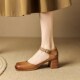 头层牛皮米白色一字扣带包头凉z鞋 女方头浅口粗跟6cm高跟中空单鞋