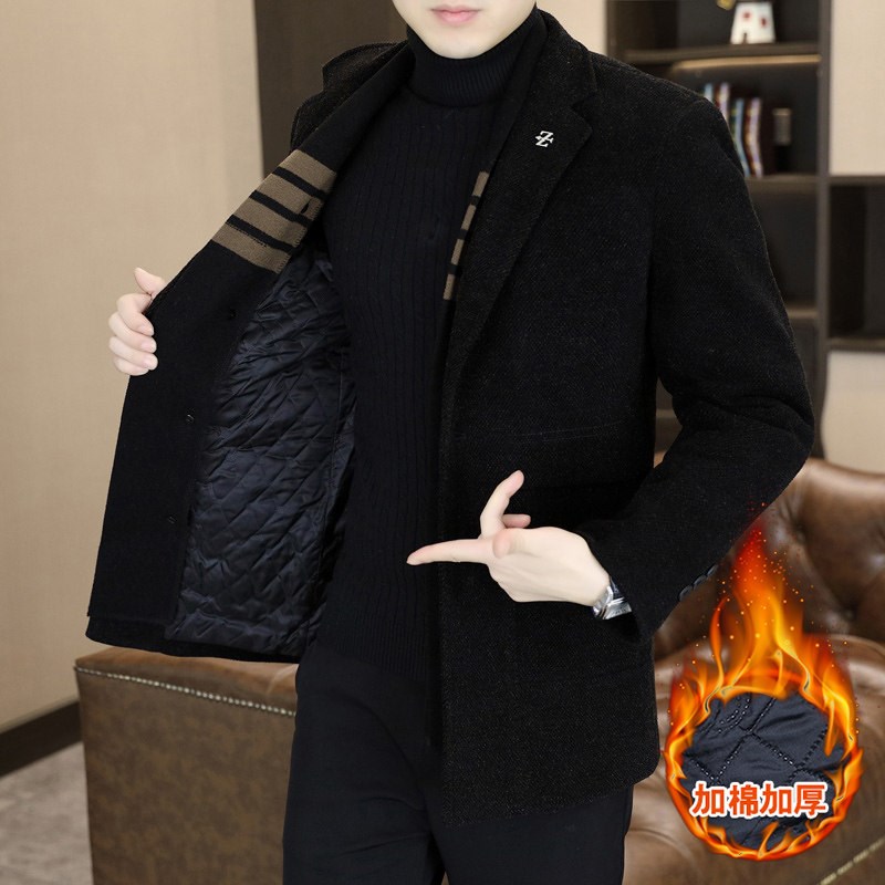 冬季新款脱卸可围巾风衣r中长款男士休闲潮流加绒加厚毛呢大衣外