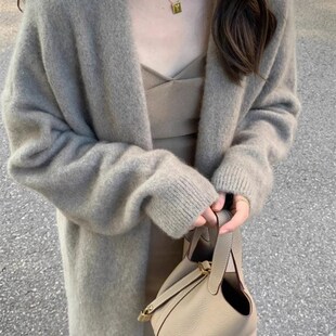 慵懒风过膝中长款针织开衫女宽松甜美G软糯温柔纯色毛衣外套秋冬