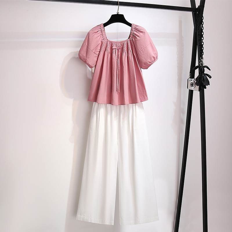 高端棉麻亚麻一字领方领上衣配白色阔E腿裤两件套装女2025夏季新