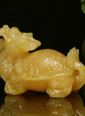 天然米黄玉龙龟摆件黄玉龙九子霸下客厅玄关招财镇宅风水家居装饰