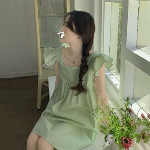 夏天孕妇裙小飞袖吊带裙2023夏C季甜美清新薄荷绿无袖连衣裙孕妇