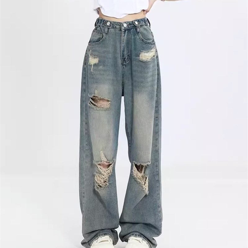 特大码复古破洞设计牛仔裤女胖mm梨形身材高腰宽松显W瘦百搭阔腿