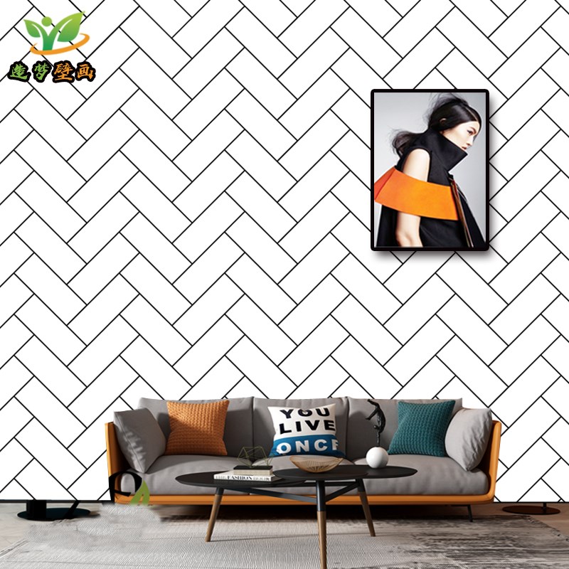 现代简约c白色斜砖墙纸奶茶店服装店壁布黑白格几何墙布餐馆壁纸