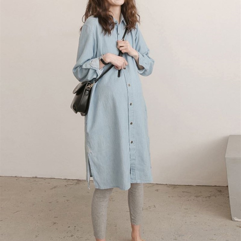 孕妇衬衫b裙连衣裙秋夏装纯棉宽松韩版长袖哺乳中长款潮妈上衣牛