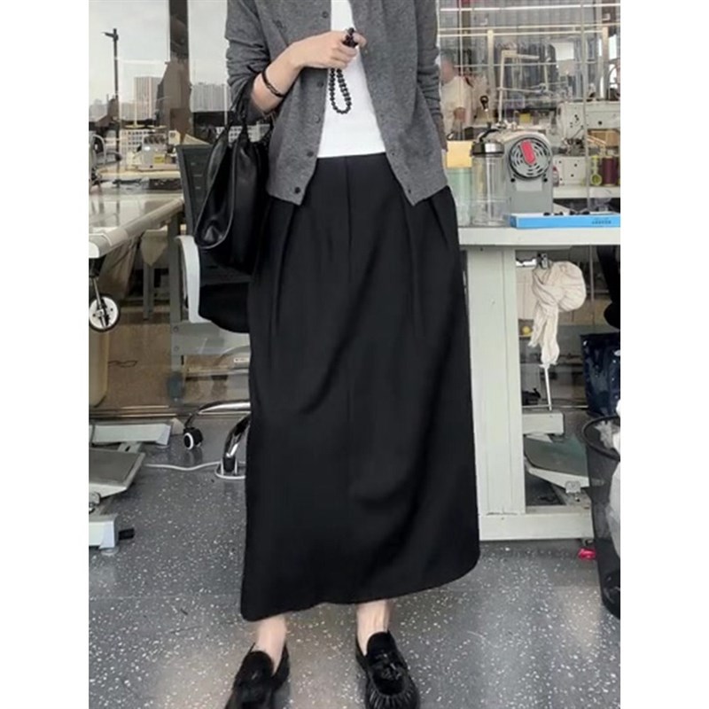 黑色西装半身裙女2024u新款百褶裙高腰显瘦字花苞裙后开叉中长裙