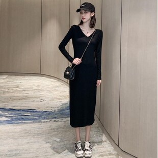 针织打底连衣裙2024新款女春秋女D装修身裙气质显瘦长袖内搭长裙