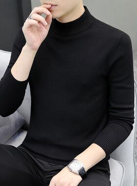 半高领毛衣男士秋冬季加绒加厚修身针织打底衫O男装纯色羊毛衫卫