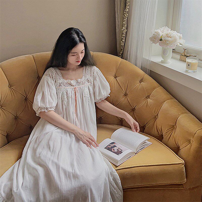 法式宫廷风复g古纯棉短袖睡裙甜美方领蕾丝宽松家居服可外穿睡衣