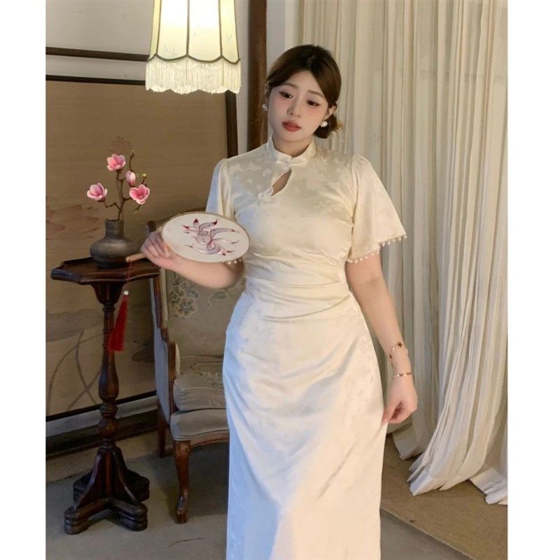 新中式国风改j良旗袍斜襟提花连衣裙中长款开叉显瘦裙子