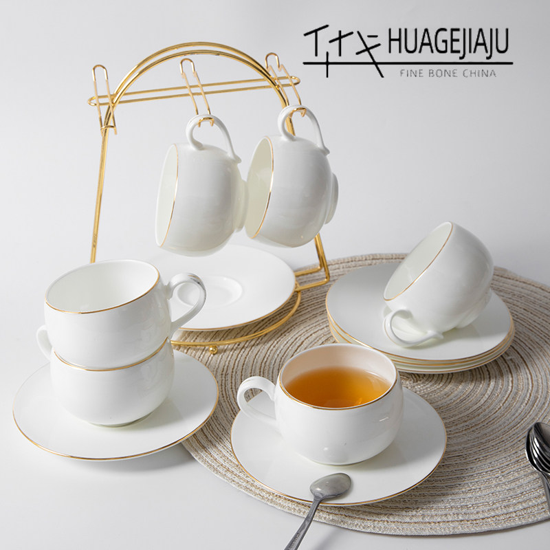 简约咖啡杯碟套装金边骨瓷杯子商用美式陶瓷水杯印字杯勺定制logo