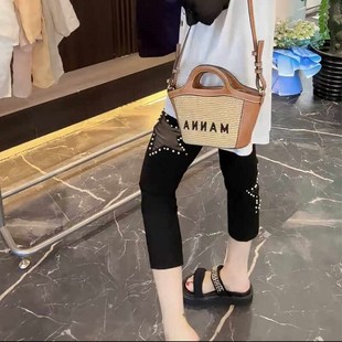 2024夏季新款外穿打底裤女重工串珠九分弹力修身百搭小脚镂空女裤