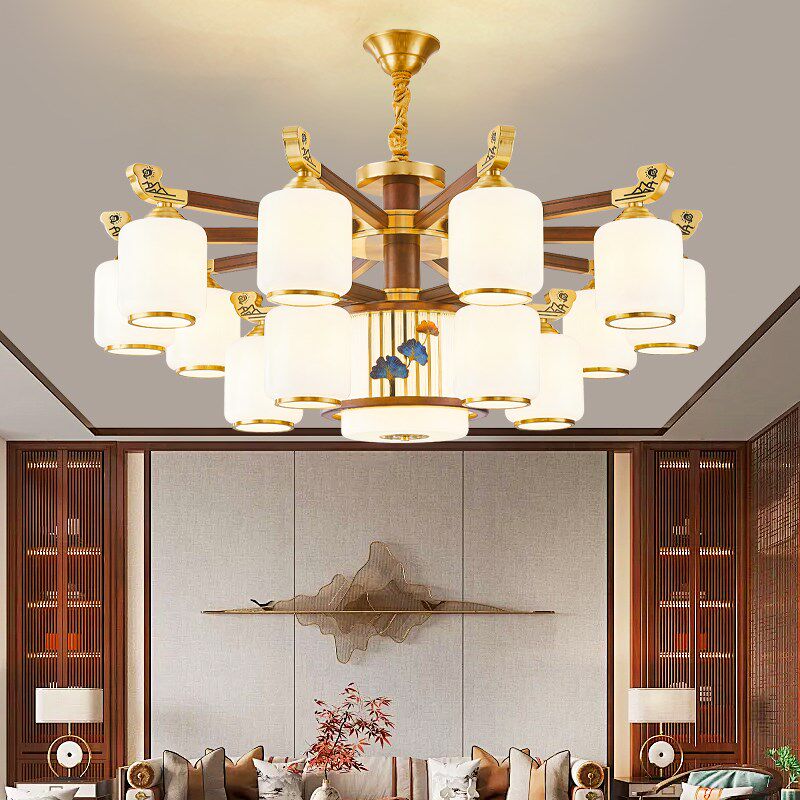 新中式全铜吊顶别墅大气餐厅卧室实木客厅灯2024年新款头朝下灯具