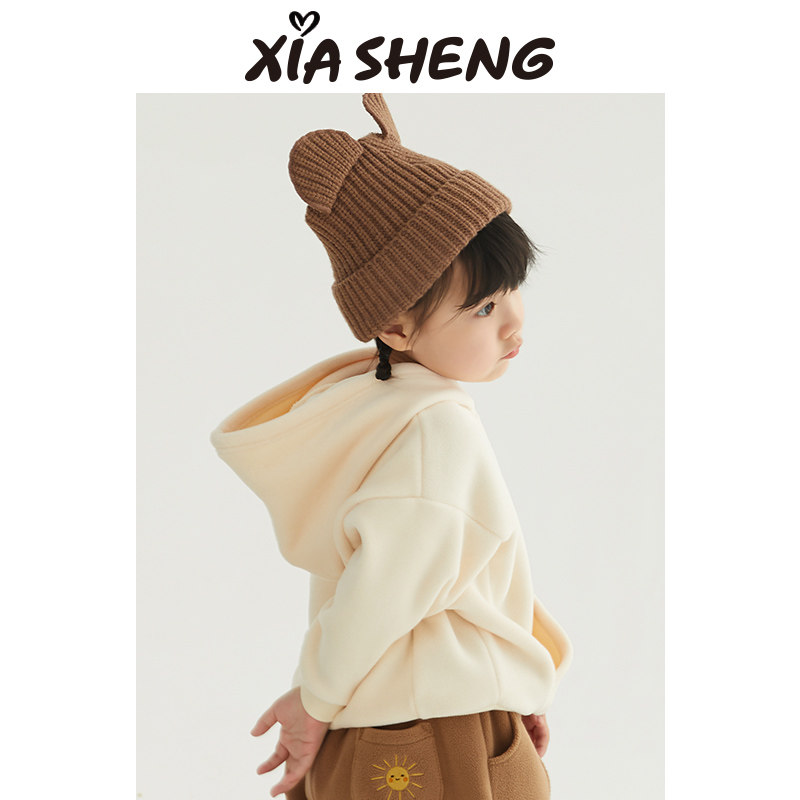 夏生 卡通绣花摇粒绒卫衣 男女童秋装宝宝连帽加绒上衣儿童秋冬款