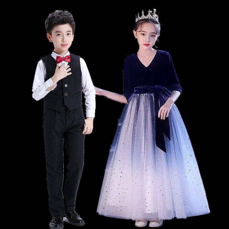 儿童公主裙礼服新款女孩主持钢琴表演服长袖男女童大合唱演出服长