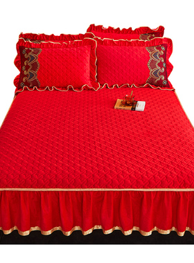 冬季大红色水晶绒夹棉床笠单件带裙边加绒床罩床围保护套全包防滑