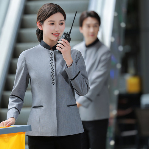 绣方格客房民宿宾馆清洁员工作服长袖春秋酒店保洁阿姨物业商场女