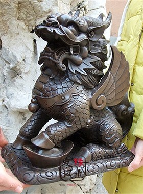 纯铜麒麟摆件一对大号招財麒麟旺財鎮宅家居饰品玄关客厅店铺摆件