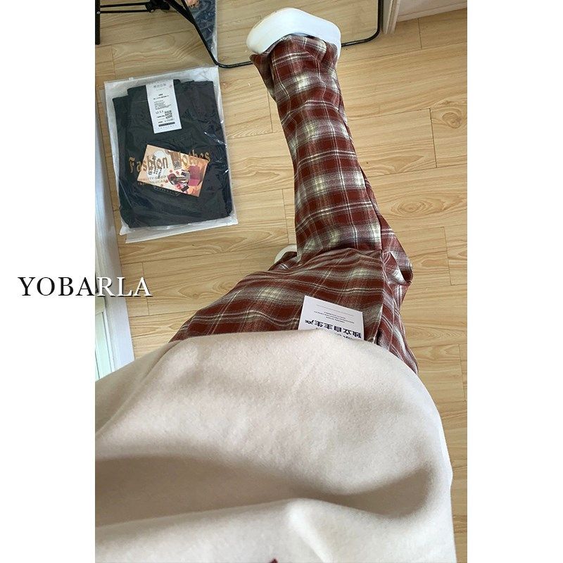 红色格子休闲裤女春秋高腰胖mm大码宽松梨形身材显瘦直筒阔腿裤子