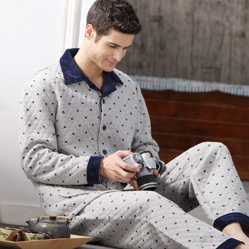 冬季男士睡衣长袖纯棉夹棉秋季男款加厚春秋冬天加大码家居服套装
