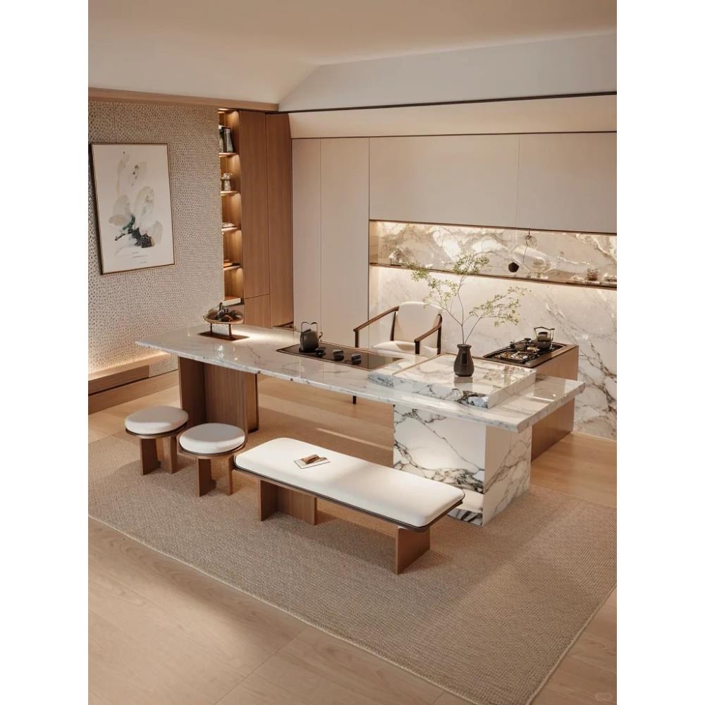 新中式白色岩板茶桌椅组合2025现代轻奢高级感黑胡桃木大板茶台