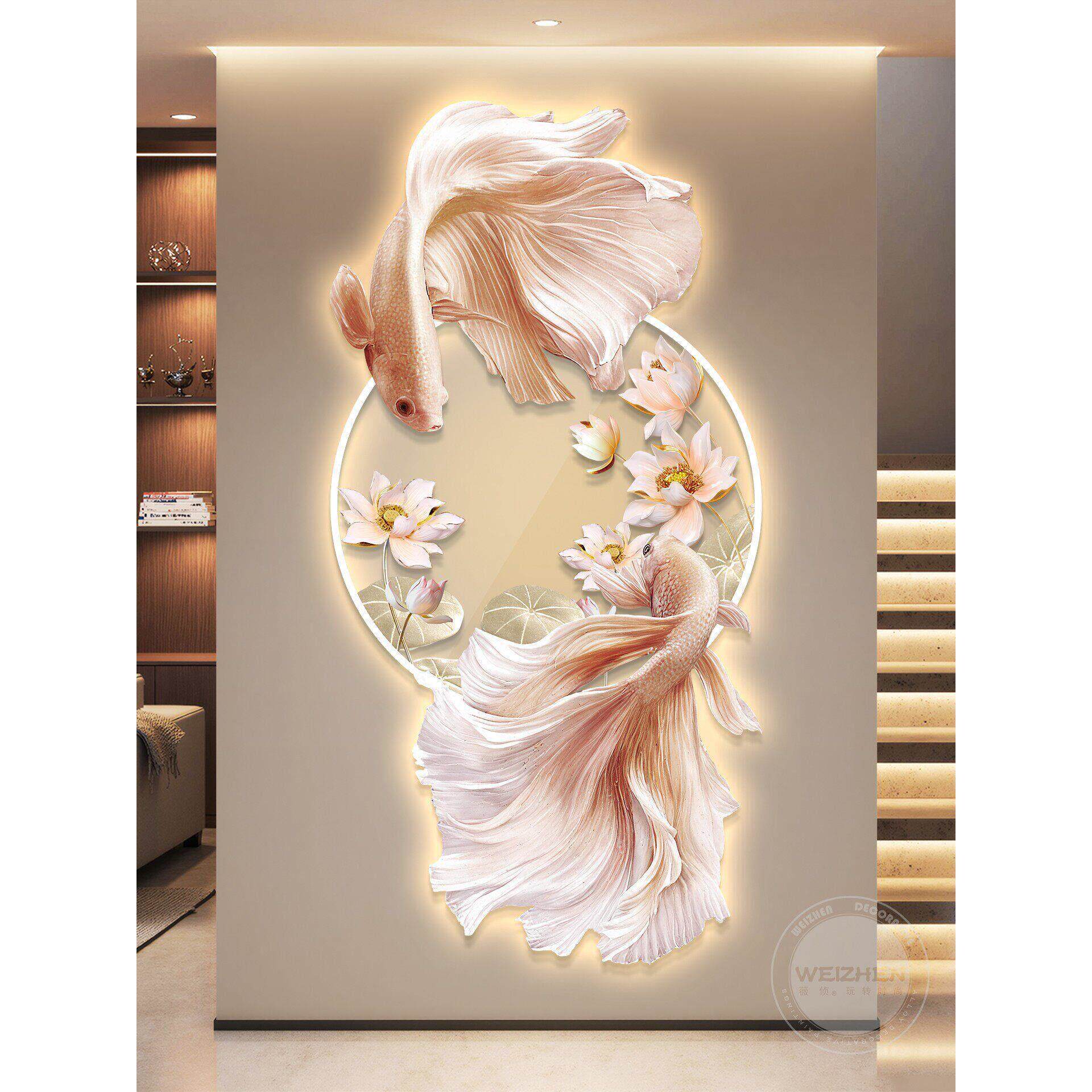 锦鲤led带灯入户玄关装饰画走廊过道挂画壁画简约现代高级感双层