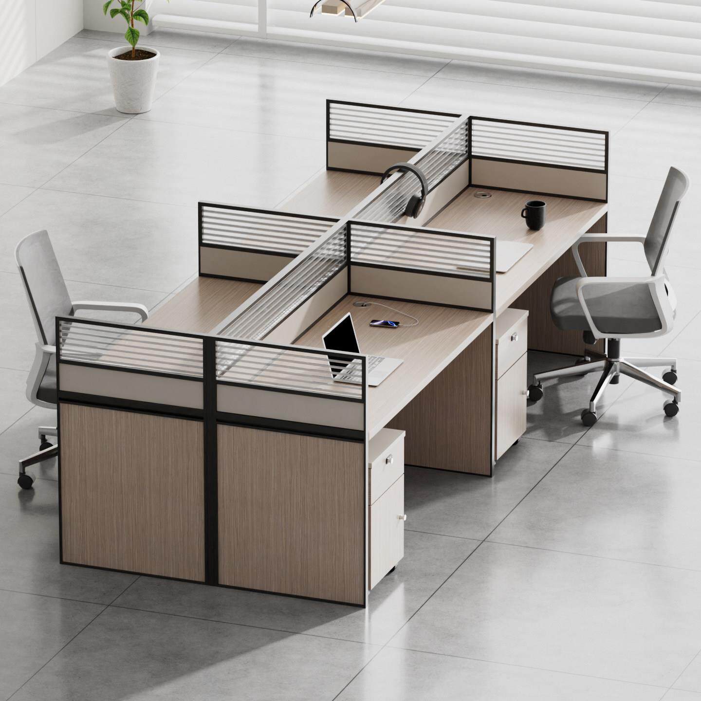 屏幕办公桌工作人员办公桌和椅子组合坐四人现代简单的六人工作人