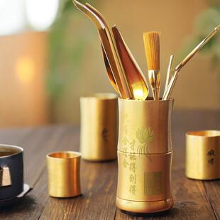 黄铜工夫茶具六君子八件套茶漏茶刀茶夹茶勺茶刷茶托茶道配