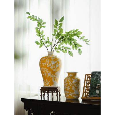 大相莲花 新中式富贵黄兰梅瓶花器 景德镇手绘黄釉面青花花瓶摆件