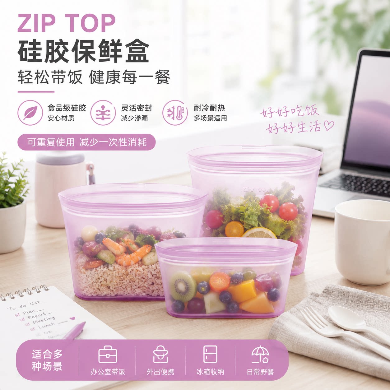 旗舰店ziptop硅胶袋耐高温食品级三明治保鲜袋可站立可微波密封袋