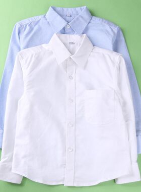 儿童衬衫男童长袖秋冬装中小学生校服纯棉牛津纺纯白色上衣加绒衬