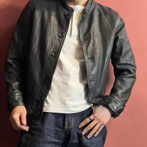 男款立领经典短款爱因司坦款茶芯头层牛皮做旧皮夹克短款修身皮衣