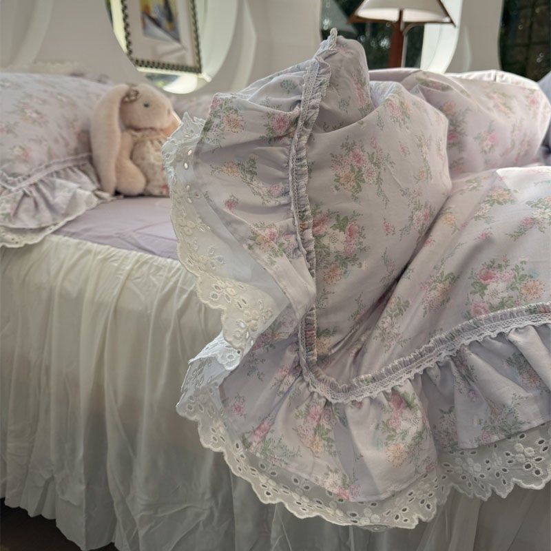 法式少女心蕾丝花边纯棉紫色小碎花z床裙四件套1.5m1.8米被套床单