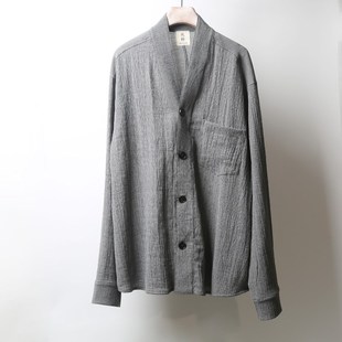 春装 高级感潮流薄款 2022新款 衬衫 两件套 V领褶皱棉麻长袖 男套装