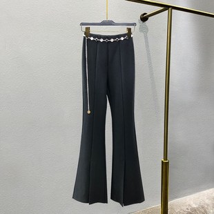 长裤 女垂感钻链腰带紧身前开叉喇叭裤 裤 秋冬高腰弹力中线微喇西装