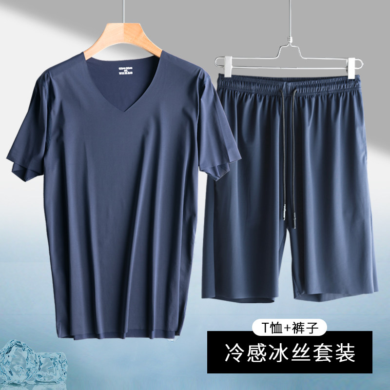 冰丝夏季套装男短袖短裤薄款休闲运动服冰感丝滑速干V领无痕居家