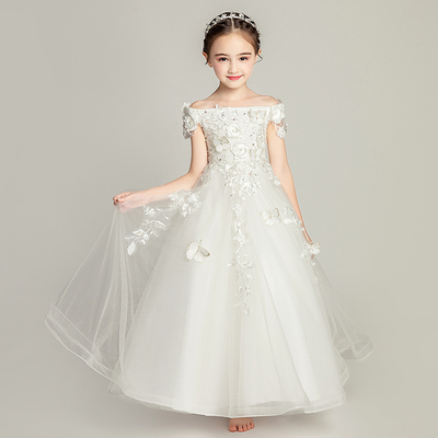 儿童晚礼服一字肩公主裙女童蓬蓬纱长款小主持人钢琴演出服花童白