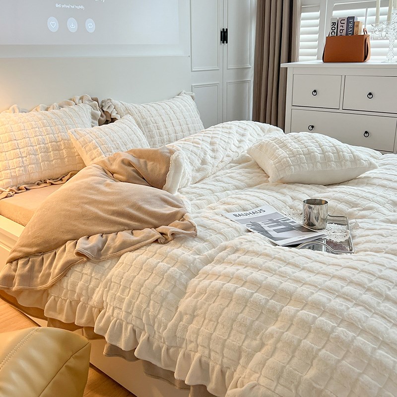 冬季保暖韩式兔兔绒四件套少女心加E厚牛奶绒被套床单公主床上用