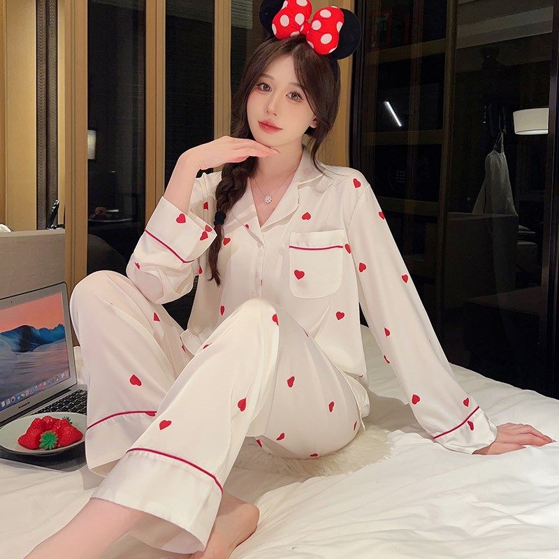 简约甜美爱心冰丝绸睡衣长u袖长裤薄款春秋季少女款夏天家居服套