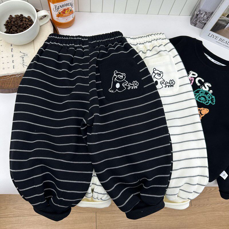 男童春秋装裤子2025新款儿童韩版宽松哈伦裤男孩潮酷百搭条纹卫裤