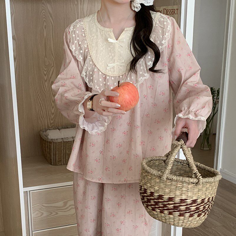 复古宫廷风甜美少女小碎花睡衣女田园碎花套头家居服长袖套装春季