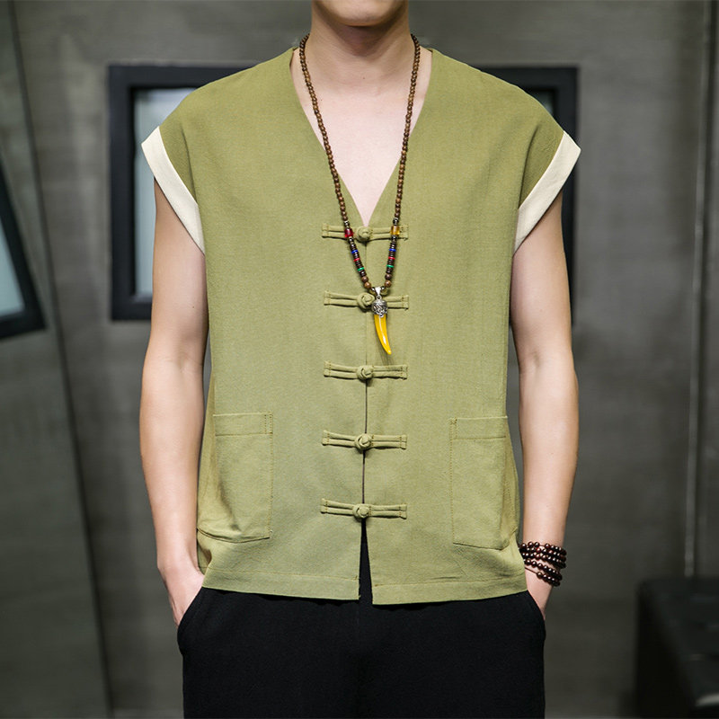 中国风唐装男中式马甲外套棉麻汗衫马褂盘扣复古爷爷装老头衫茶服