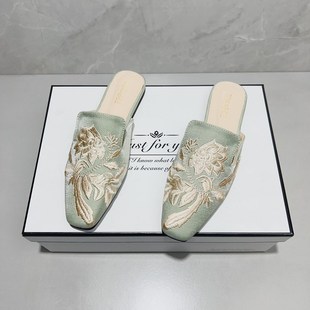 平底复古半拖女鞋 女外穿2024年春夏新款 包头刺绣花朵凉拖鞋 新中式