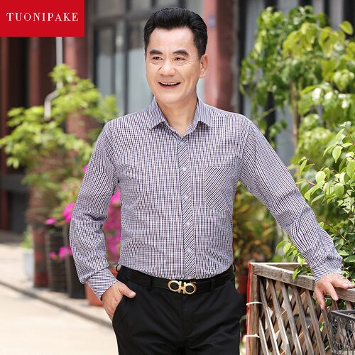 秋装男士衬衫男长袖全棉纯棉爸爸衣服宽松中老年人爷爷老人衬衣寸