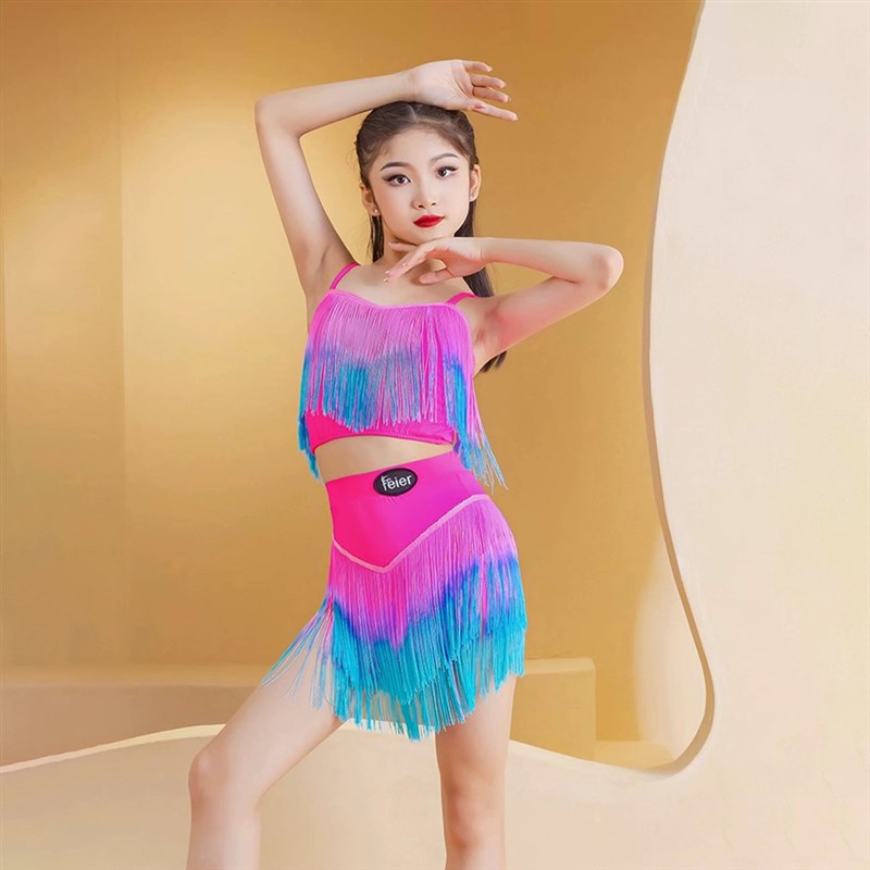 2024新款高级拉丁舞练功服夏天少儿吊带流苏舞蹈服比赛表演服女童