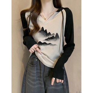 正肩长袖t恤女连帽显瘦国风v领德绒内搭打底衫美拉德穿搭修身上衣