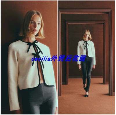 圆蛋SE@NE 打造法式温柔风 撞色系带针织开衫